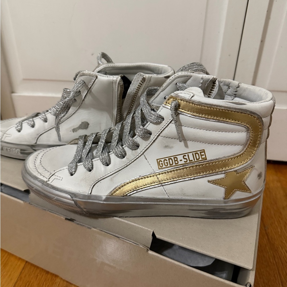 BRAND NEW GOLDEN GOOSE Shoes Slide High-Top Sneakers in White and Gold Size 37